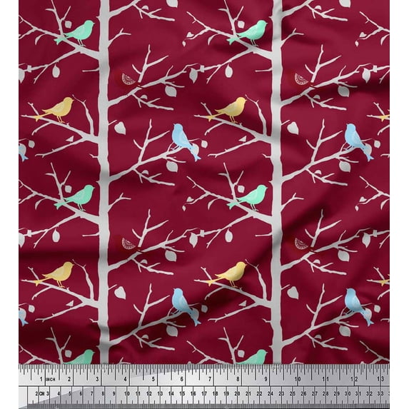 Soimoi Red Rayon Fabric Artistic Bird & Tree Fabric Prints By Yard 42 Inch Wide