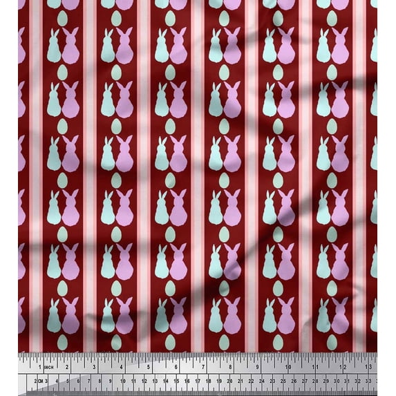 Soimoi Red Silk Fabric Bunny & Egg Stripe Print Fabric by the Yard 42 Inch Wide