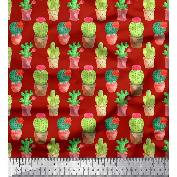 Soimoi Red Silk Fabric Cactus With Conical Pot Tree Print Sewing Fabric Yard 42 Inch Wide