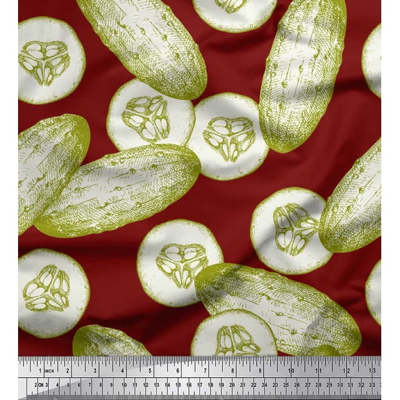 Soimoi Red Silk Fabric Cucumber Vegetable Print Sewing Fabric Yard 42 Inch Wide