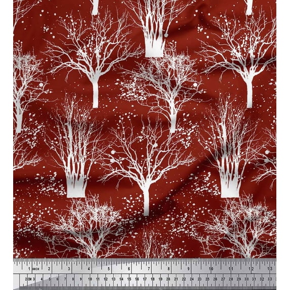 Soimoi Red Silk Fabric Dry Tree Printed Fabric 1 Yard 42 Inch Wide