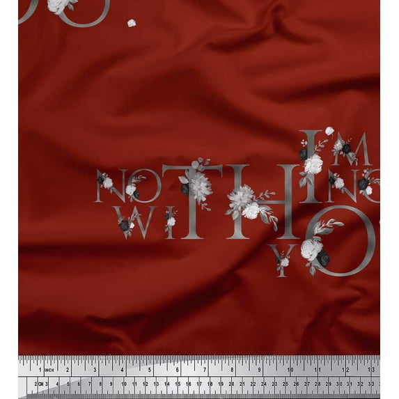 Soimoi Red Silk Fabric Floral Love Quotes Text Printed Craft Fabric by the Yard 44 Inch Wide
