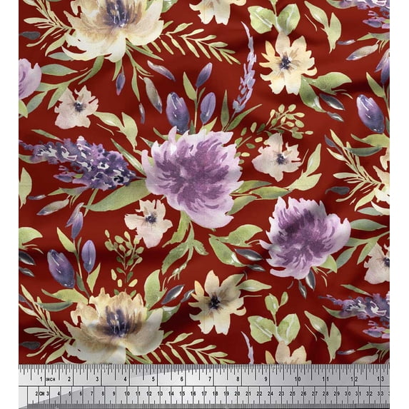 Soimoi Red Silk Fabric Leaves & Peony Floral Print Sewing Fabric Yard 42 Inch Wide