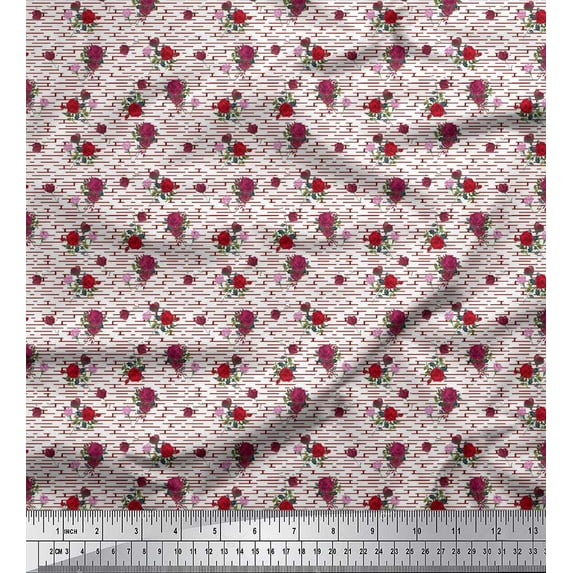 Soimoi Red Silk Fabric Maze & Rose Floral Print Fabric by the Yard 42 Inch Wide
