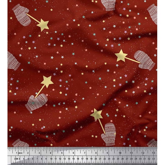 Soimoi Red Silk Fabric Musical Symbol & Star Printed Fabric 1 Yard 42 Inch Wide