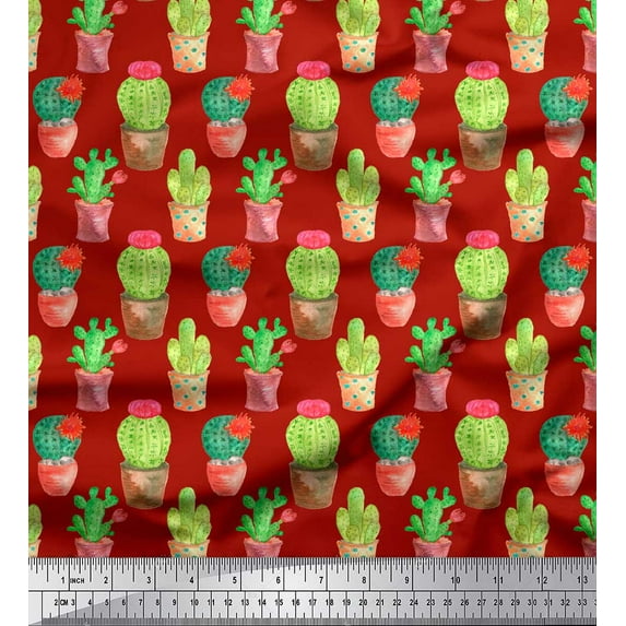 Soimoi Red Velvet Fabric Cactus With Conical Pot Tree Print Sewing Fabric Yard 58 Inch Wide