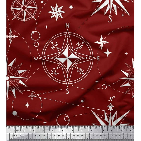 Soimoi Red polyester Crepe Fabric Direction Compass Nautical Printed Craft Fabric by the Yard 52 Inch Wide