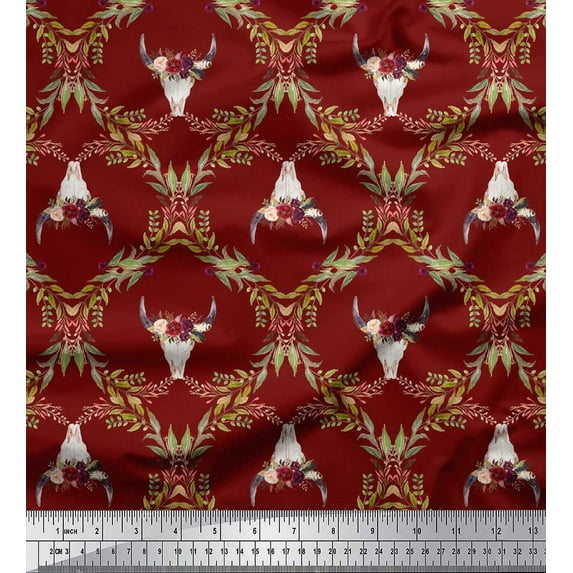 Soimoi Red polyester Crepe Fabric Floral & Cow Skull Head Damask Decor Fabric Printed Yard 42 Inch Wide