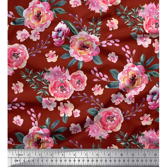 Soimoi Red polyester Crepe Fabric Leaves & Camellias Floral Print Fabric by the Yard 52 Inch Wide