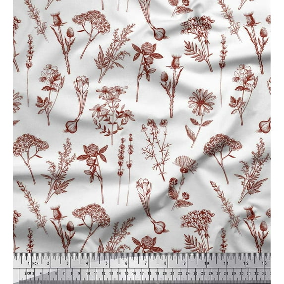 Soimoi Red polyester Crepe Fabric Leaves & Primrose Floral Print Fabric by Yard 42 Inch Wide