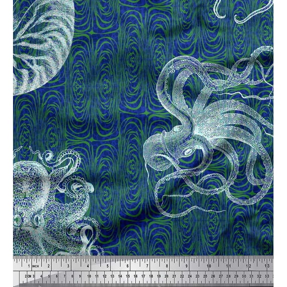 Soimoi Satin Silk Fabric Animal Skin,Shell & Octopus Ocean Print Fabric by The Yard 42 Inch Wide