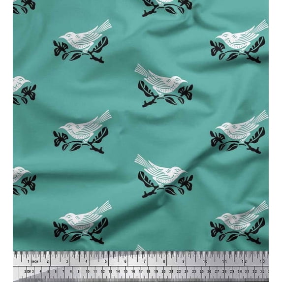 Soimoi Satin Silk Fabric Branch & Bird Block Print Sewing Fabric Yard 42 Inch Wide
