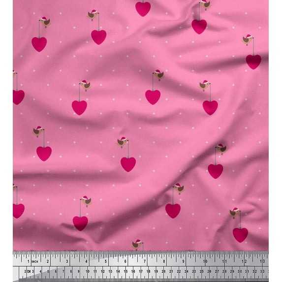 Soimoi Georgette Viscose Fabric Dot,Heart & Bird Clip Art Print Fabric by The Yard 42 Inch Wide