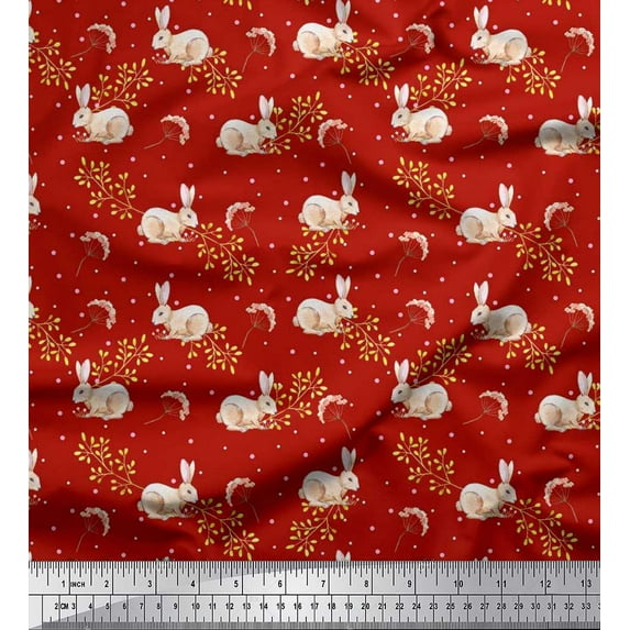 Soimoi Satin Silk Fabric Dot,Leaves & Rabbit Animal Printed Fabric 1 Yard 42 Inch Wide