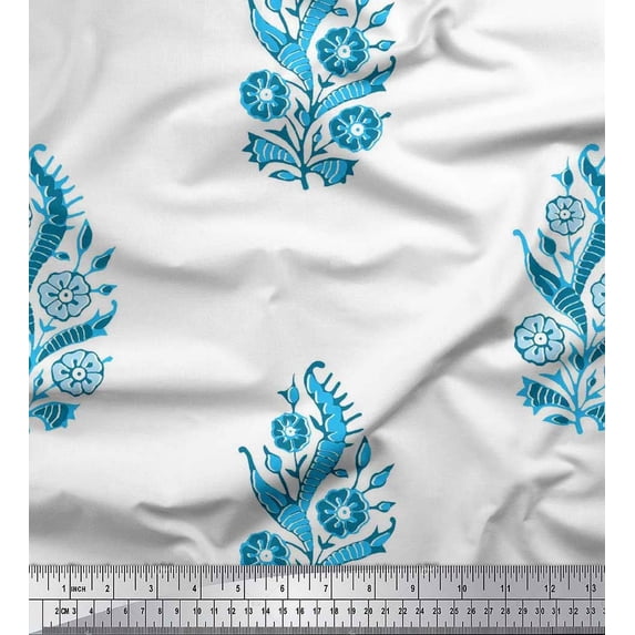 Soimoi Satin Silk Fabric Leaves & Floral Block Print Fabric by The Yard 42 Inch Wide