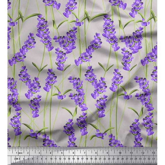 Soimoi Satin Silk Fabric Leaves & Lavender Shirting Print Fabric by The Yard 42 Inch Wide