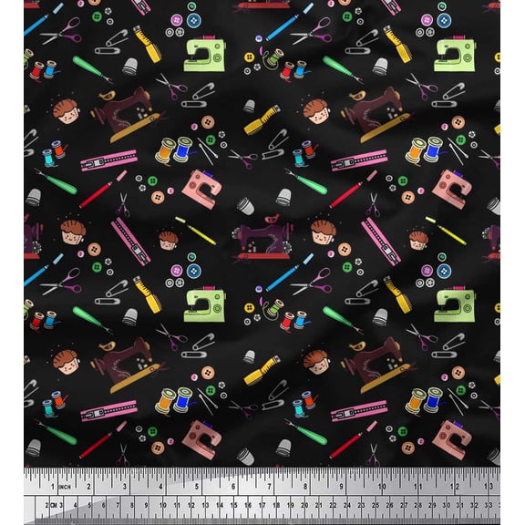 Soimoi Satin Silk Fabric Scissor,Buttons & Machine Sewing Print Sewing Fabric Yard 42 Inch Wide
