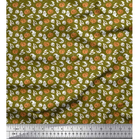 Soimoi Satin Silk Fabric Witch Hat,Skull & Ghost Halloween Print Sewing Fabric Yard 42 Inch Wide