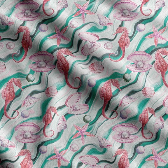 Soimoi Sea Shell Print,Cotton Cambric, Quilting Fabric Sold by The Yard 42 Inch Wide, Medium Weight Cotton Fabric, SewingSupplies,Red & Green