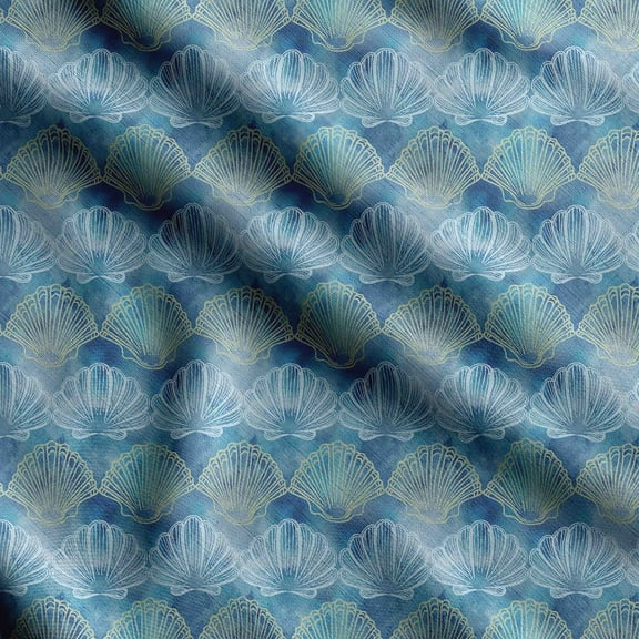 Soimoi Sea Shell Print, Silk Fabric, Decor Sewing Fabric by The Yard 42 Inch Wide,Decorative Fabric for Shirts Suits Ties, Blue