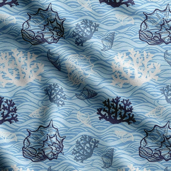 Soimoi Sea Shell Print, Silk Fabric, Decor Sewing Fabric by The Yard 42 Inch Wide,Decorative Fabric for Shirts Suits Ties, Blue