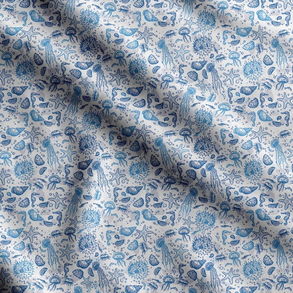 Soimoi Sea Shell Printed, Japan Crepe SatinFabric, by The Yard 54 Inch Wide, Decorative Sewing Fabric for Dresses Kimonos Gowns, Blue