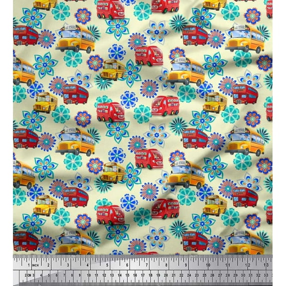 Soimoi Silk Fabric Artistic Floral & School Bus Kids Print Fabric by Yard 42 Inch Wide
