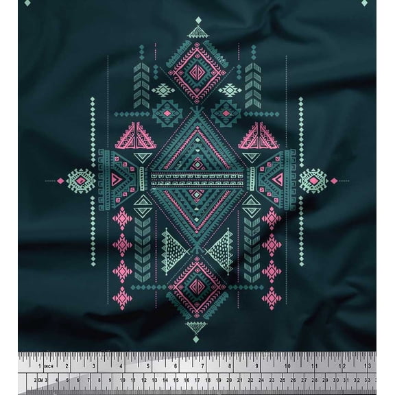 Soimoi Silk Fabric Aztec Kilim Print Fabric by The Yard 42 Inch Wide