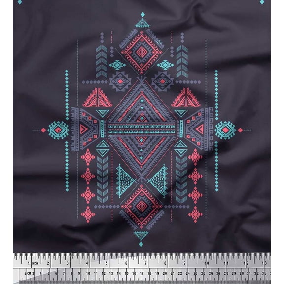 Soimoi Silk Fabric Aztec Kilim Printed Fabric 1 Yard 42 Inch Wide