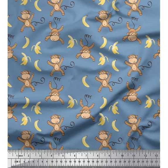 Soimoi Silk Fabric Banana & Monkey Kids Printed Fabric 1 Yard 42 Inch Wide