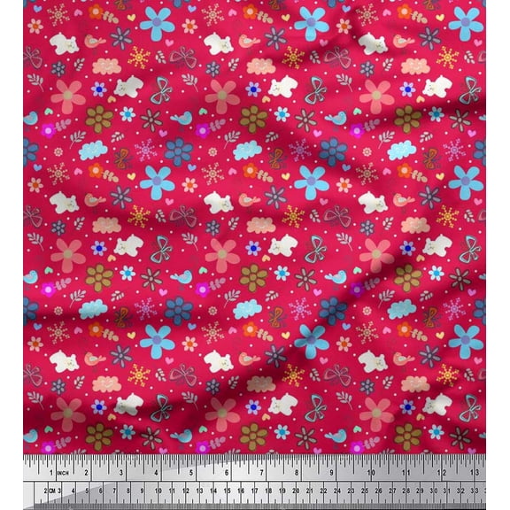 Soimoi Silk Fabric Bear,Bird & Floral Clip Art Decor Fabric Printed Yard 42 Inch Wide