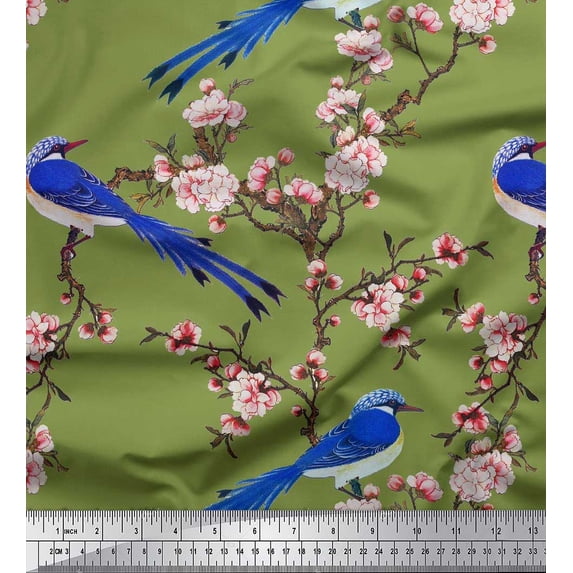 Soimoi Silk Fabric Blossom & Paradise Whydah Bird Print Sewing Fabric Yard 42 Inch Wide