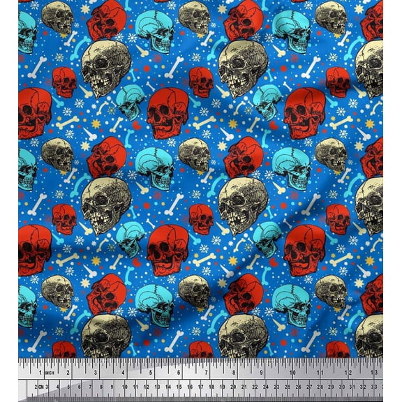 Soimoi Silk Fabric Bone,Floral & Skull Halloween Print Fabric by Yard 42 Inch Wide