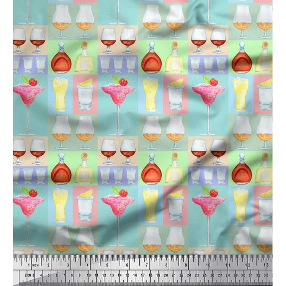 Soimoi Silk Fabric Bottle,Wine & Shots Bar Fabric Prints by Yard 42 Inch Wide