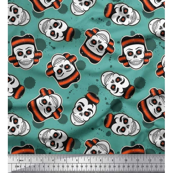 Soimoi Silk Fabric Brush Stroke & Skull Halloween Print Fabric by The Yard 42 Inch Wide