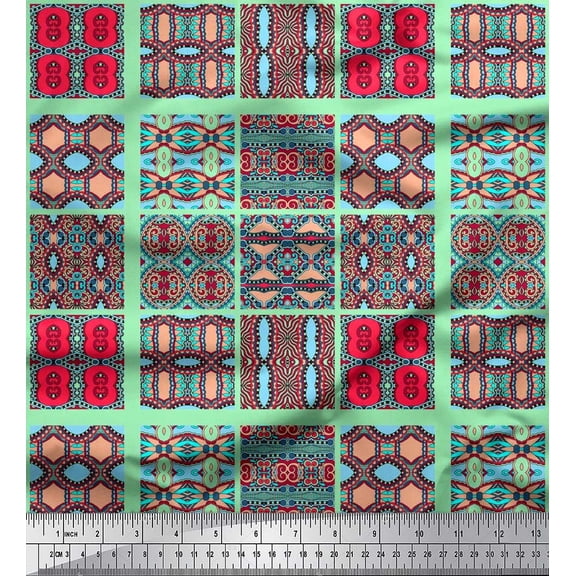 Soimoi Silk Fabric Check & Moroccan Patchwork Printed Fabric 1 Yard 42 Inch Wide