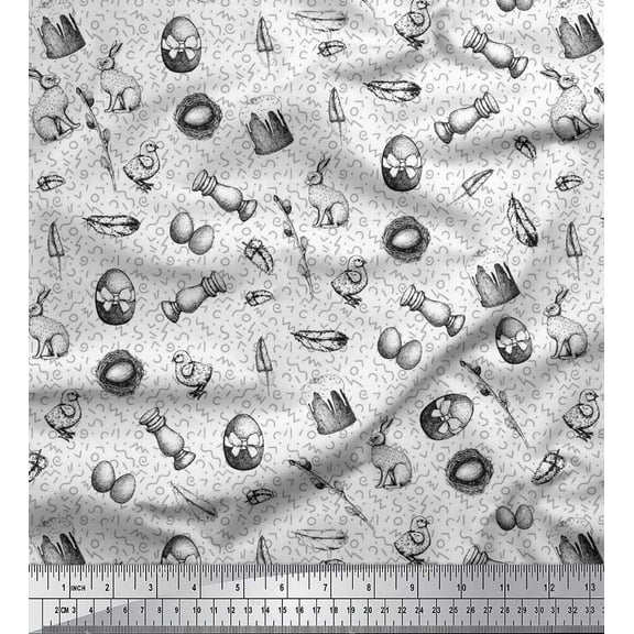 Soimoi Silk Fabric Chick,Egg & Rabbit Animal Print Fabric by Yard 42 Inch Wide