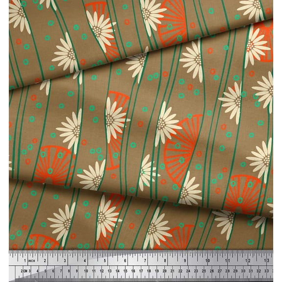 Soimoi Silk Fabric Circle,Floral & Wheel Ethnic Decor Fabric Printed Yard 42 Inch Wide