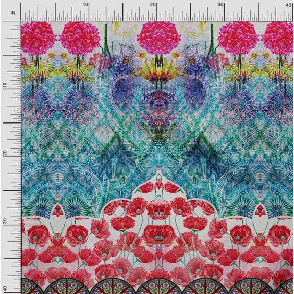 Soimoi Silk Fabric Circle,Floral & Wheel Panel Printed Fabric 1 Yard 42 Inch Wide