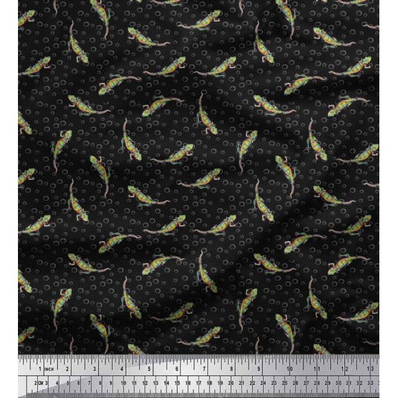Soimoi Silk Fabric Circle & Lizard Reptile Printed Fabric 1 Yard 42 Inch Wide