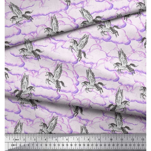 Soimoi Silk Fabric Cloud & Unicorn Animal Print Sewing Fabric Yard 42 Inch Wide