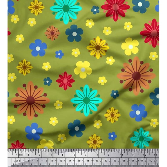 Soimoi Silk Fabric Colorful Flowers Clip Art Decor Fabric Printed Yard 42 Inch Wide