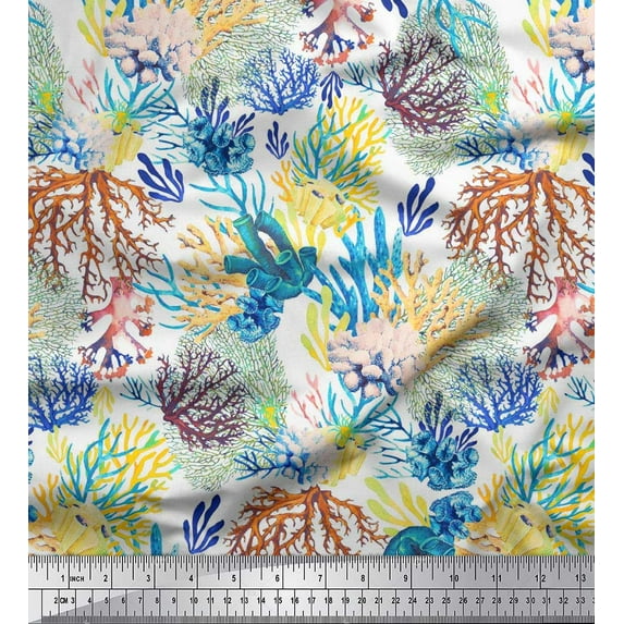 Soimoi Silk Fabric Coral Ocean Print Fabric by The Yard 42 Inch Wide