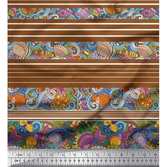 Soimoi Silk Fabric Coral,Shell & Fish Ocean Print Fabric by The Yard 42 Inch Wide