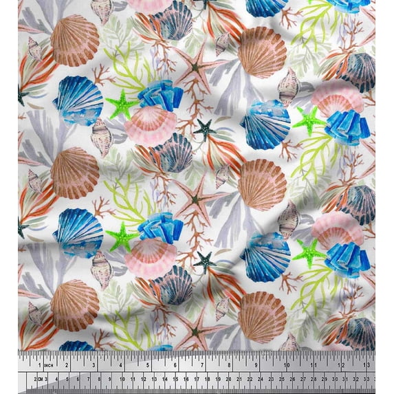 Soimoi Silk Fabric Coral,Starfish & Sea Shell Ocean Fabric Prints by Yard 42 Inch Wide