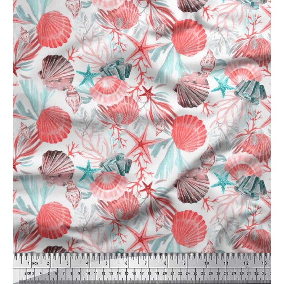 Soimoi Silk Fabric Coral,Starfish & Sea Shell Ocean Printed Fabric 1 Yard 42 Inch Wide