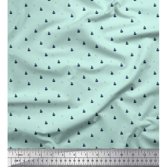 Soimoi Silk Fabric Crescent Moon & Yacht Shirting Print Fabric by The Yard 42 Inch Wide