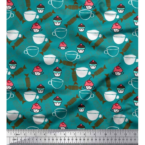 Soimoi Silk Fabric Cup,Candies & Cupcake Food Print Sewing Fabric Yard 42 Inch Wide