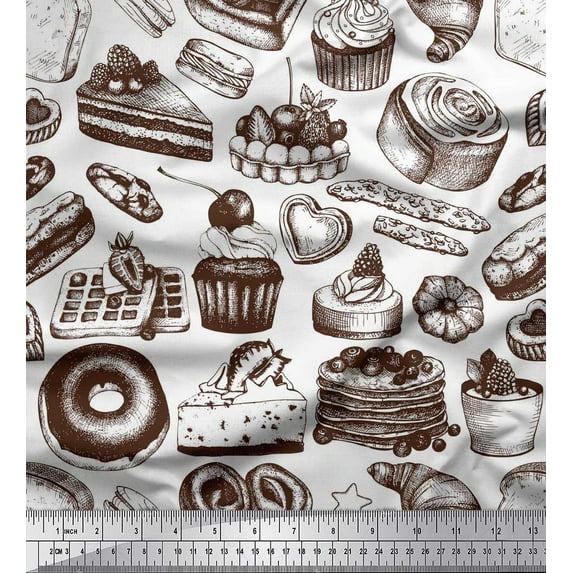 Soimoi Silk Fabric Cupcake,Donut & Cookies Food Printed Fabric 1 Yard 42 Inch Wide