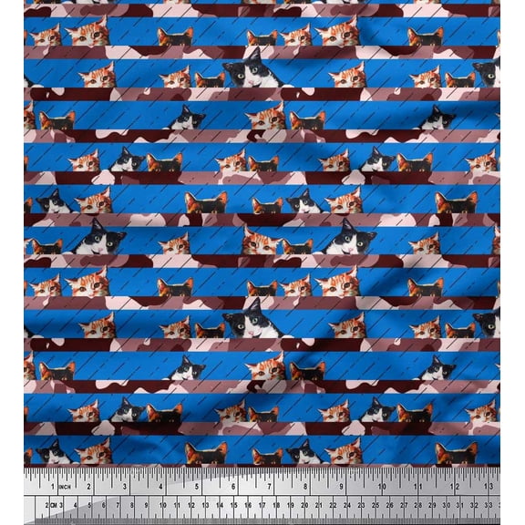 Soimoi Silk Fabric Diagonal Stripe & Cat Face Animal Print Fabric by Yard 42 Inch Wide
